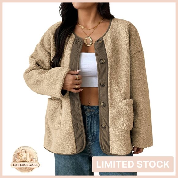 Jackets & Blazers - Faux Fur Sherpa Jacket Button Down Pockets Casual Winter Outerwear